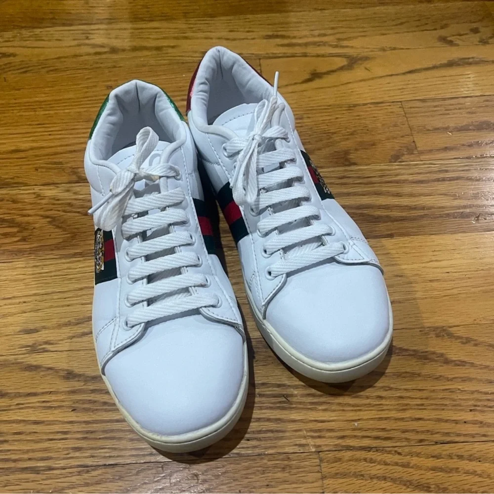 Gucci White Leather Sneakers with Green & Red Stripe and Gold Tiger Patch Sz 7.5 - Picture 12 of 16